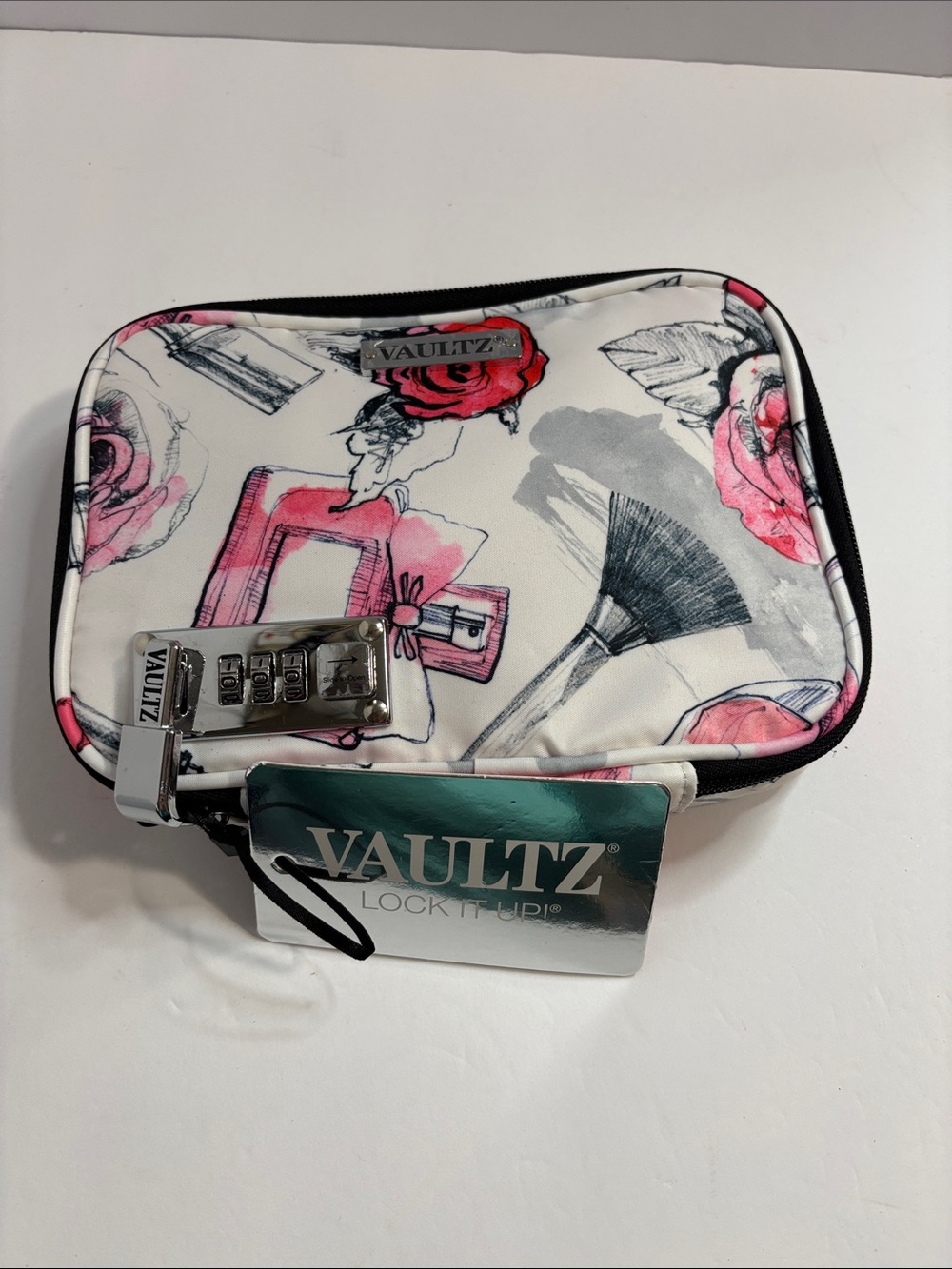 Vaultz Floral Makeup Pouch in White with Pink Accents New With Tags